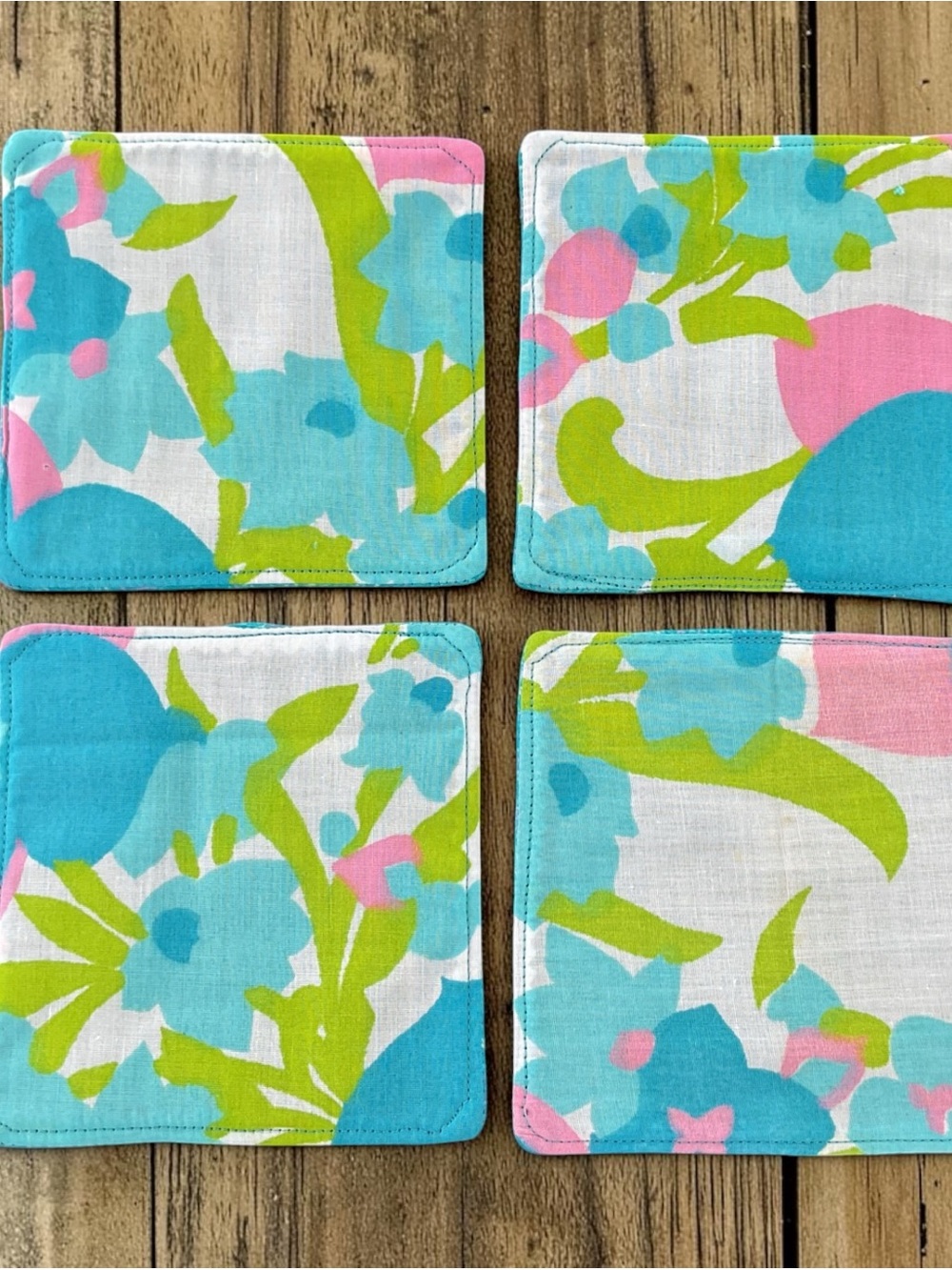 Set of Four Floral Vintage Cotton Coasters in Blue, Pink & Green